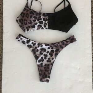 SHEIN Bikini Swimsuit 2 Piece Leopard Color block  Brown Black SZ L